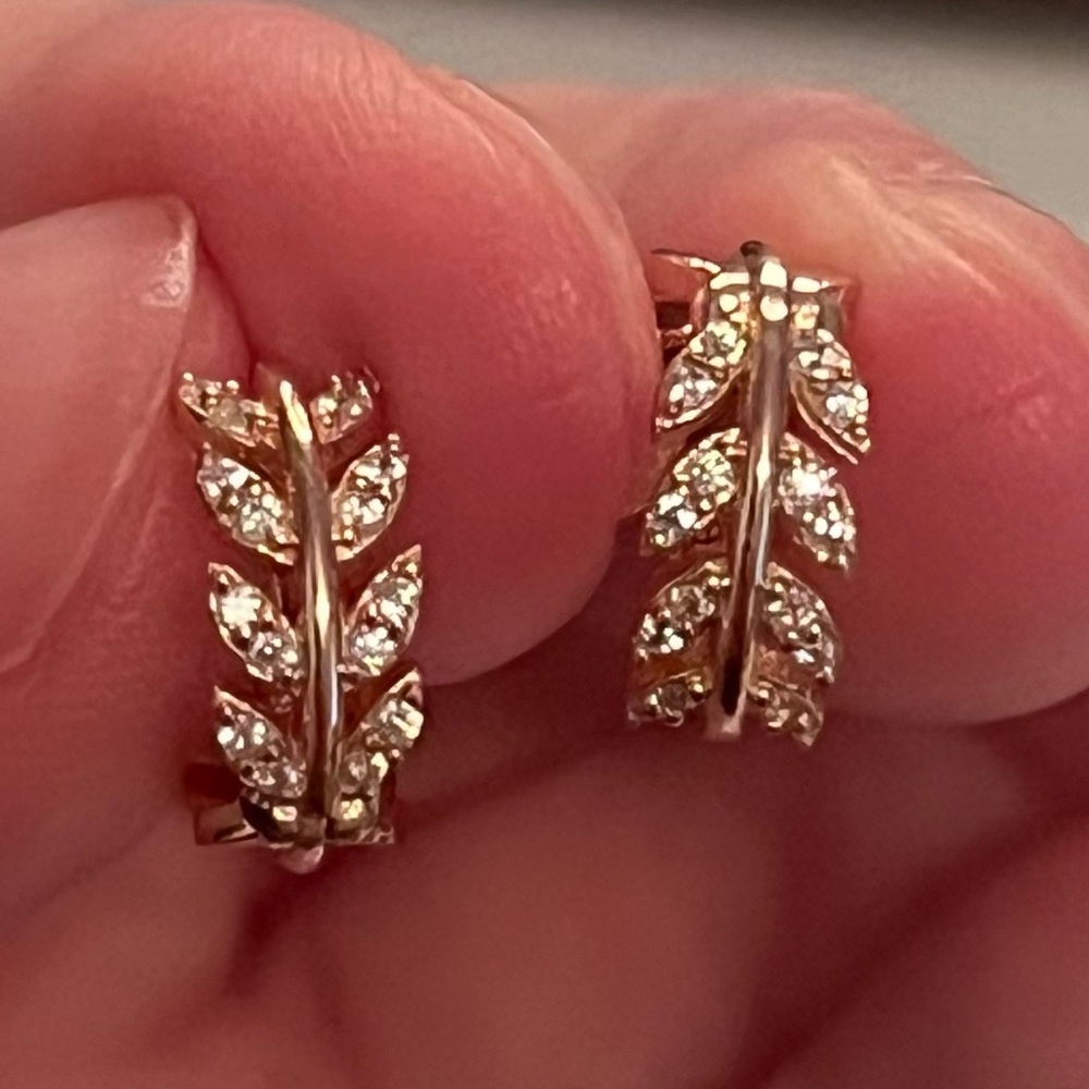 Rose Gold Diamond Leaf Huggie Hoop Earrings